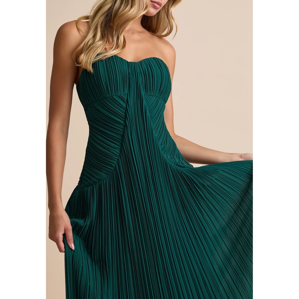 Lulus Narasha Emerald Green Accordion Pleated Strapless Maxi Dress NWT L 2727
